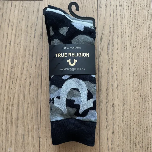 True Religion Crew Socks 3 Pack Mens Size 6-12 Black Silver Grey New