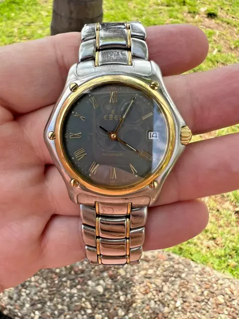 Authentic Ebel 1911 steel & 18K gold automatic ref 1080916 gray roman men watch
