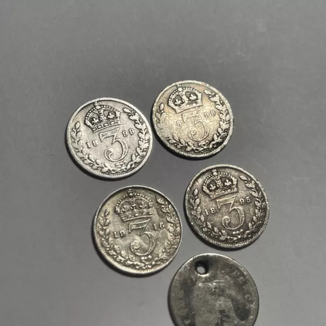 British Silver Three & Four Pence Lot Of 5 1839, 1895, 1896, 1899 & 1916 .925 B2 2