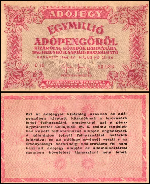 Hungary 1 Million Adopengo, 1946, P-140b.1, Used