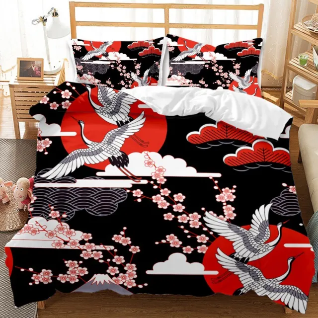 Comforter Cover Set Cherry Blossoms Crane Bedding Set Sea Waves Duvet Cover Set