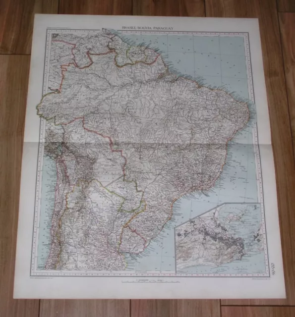 1927 Vintage Italian Map Of Brazil Rio De Janeiro Inset Map Guyana Suriname