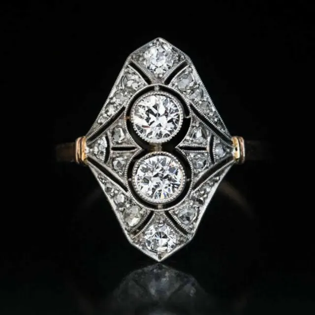 Art Deco Style Old Cut Simulated Diamond Two-Stone Engagement Ring In 925 Silver