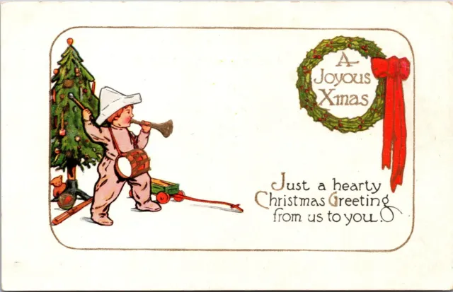 Christmas Child Footed Pajamas Drum Horn Wagon Bear Emboss c1920s postcard P11