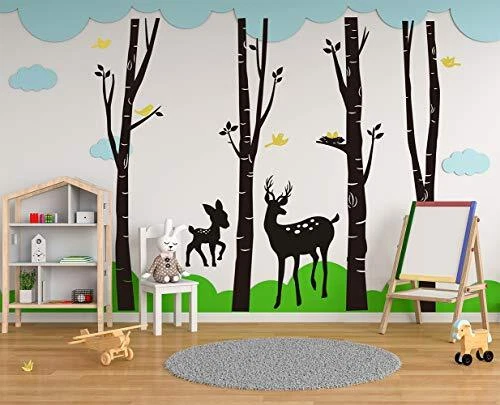 LUCKKYY Large Birch Tree Deer Wall Decal Forest Birch Trees Birch Trees Vinyl...