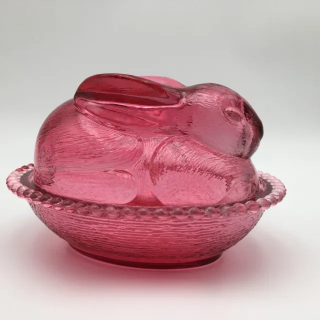 Indiana Glass Cranberry Bunny Candy Box Nesting Rabbit Pink Glass Covered Dish