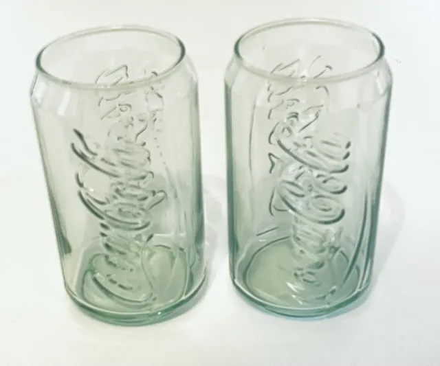Coca Cola Glasses Shaped Like a Coke Can Raised Logo Design Clear Pale Green Two