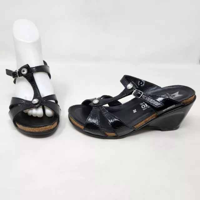 Mephisto Strappy Crystal Sandals Black Patent Leather Wedge Heels 36 Us Size 6