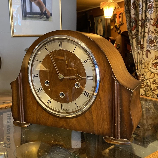 ANTIQUE FULLY WORKING Smiths Westminster Chime Mantle Clock Wood Art