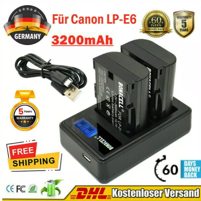 2X LP-E6 LP-E6N Akku + LCD Dual Ladegerät Für Canon EOS 6D 60D 7D 5D 80D Mark II