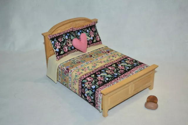 Miniature Dollhouse Bedspread Comforter  1:12 w-3 Pillows Handmade Floral Stripe