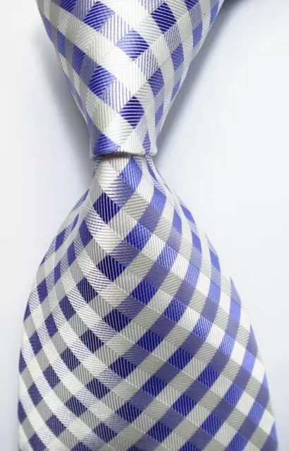 New Classic Checks Blue White JACQUARD WOVEN 100% Silk Men's Tie Necktie