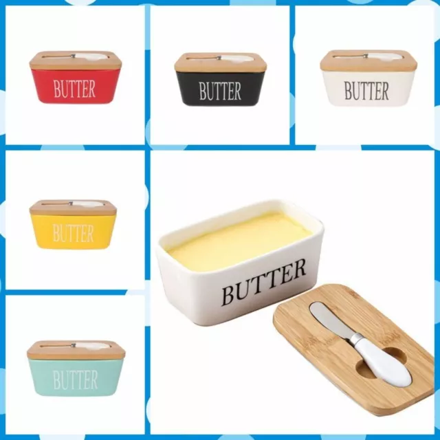 Ceramic Butter Dish Box Storage Tray Container w/ Bamboo Lid & Butter Cutter