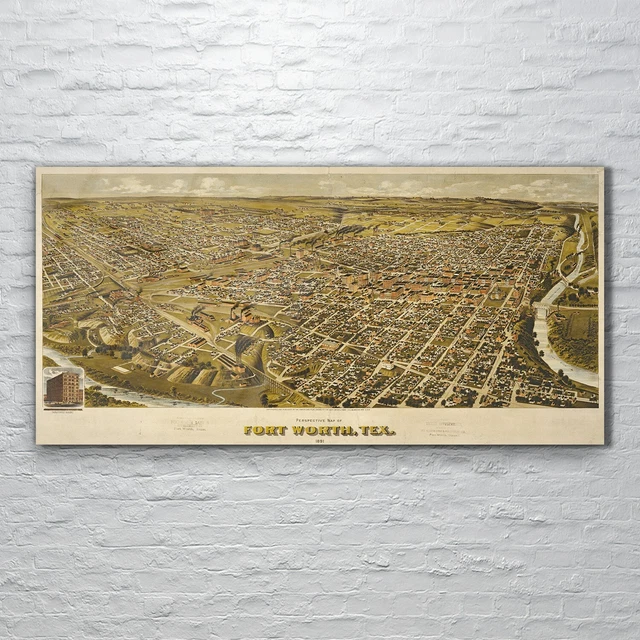 QUADRO DA PARETE stampa vetro arte anno Fort Worth mappa Texas vintage