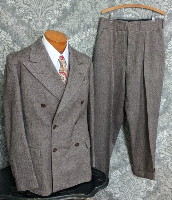 vintage 1940's mens suit 3 piece brown wool tweed double breasted