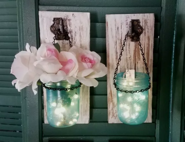 Pair of Rustic Authentic Barn Wood Mason Jar Sconces