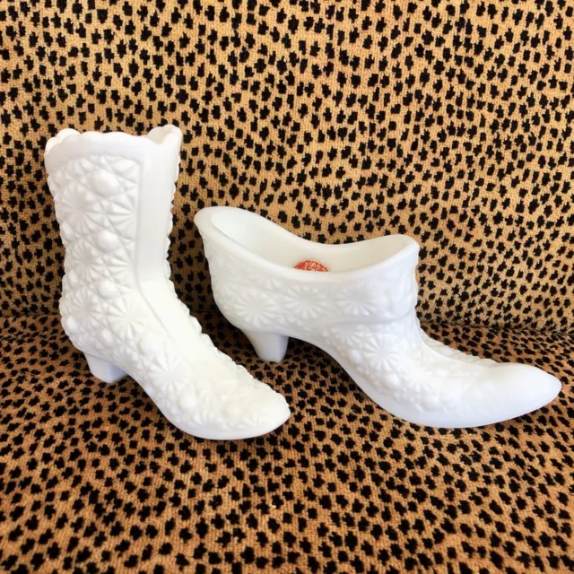 Fenton & L E Smith Shoe & Boot Vases Daisy Button White LOT of 2 VTG Milk Glass