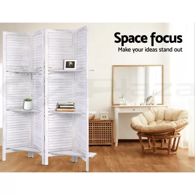 Artiss 4 Panel Room Divider Screen Partition Privacy Timber Shelf Stand White 3