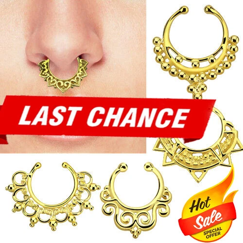 18g (1mm) Gold Antique Elaborate Indian Design Fake Nose Hoop Septum Ear Helix