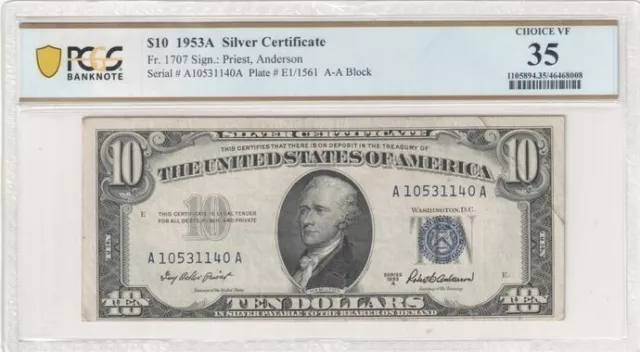 1953A $10 Silver Certificate Very Rare - PCGS Graded Choice VF 35