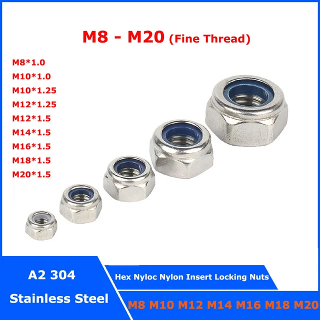 M8 - M20 Fine Thread Hex Nyloc Nylon Insert Locking Nuts A2 304 Stainless Steel