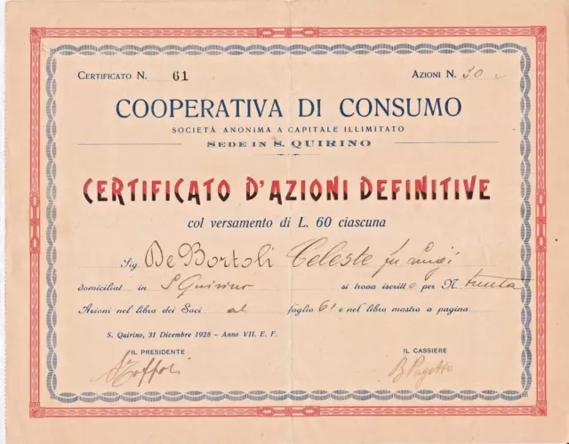 🔵 Certificato D' Azioni Definitive L.60 Cooperativa Di Consumo San Quirino 1928