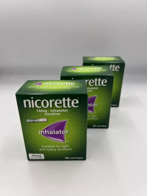 3x Nicorette Inhalator 15mg 36 Nicotine Cartridges - Brand New Box - Exp 09/2026