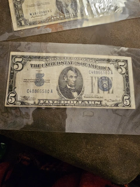 1934 Five Dollar Blue Seal Note Silver Certificate Old US Bill $5 Free Shipping