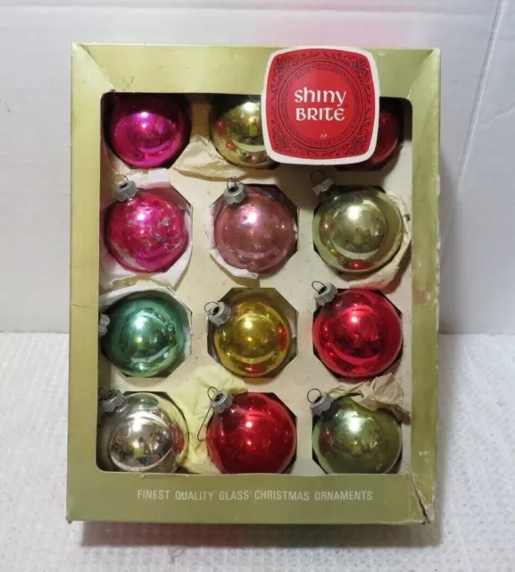 12 Vintage Boxed Shiny Brite Christmas Tree Ornaments Mercury Glass Solid Colors
