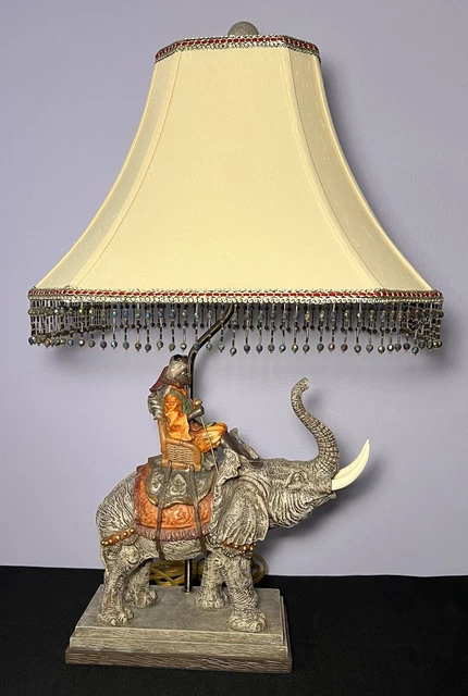 Indian Elephant Sculptural Lamp w/Boy And Monkey Rider Beaded Lamp Shade 26”H