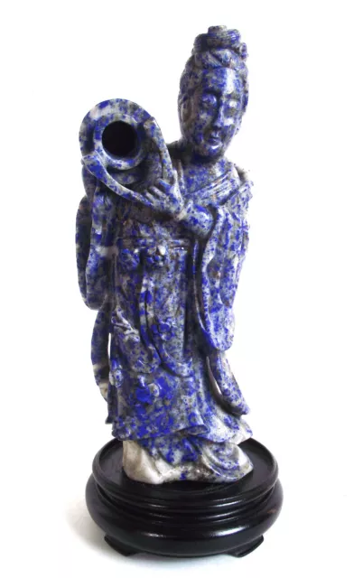 ANTIQUE CHINESE GUANYIN Quan KwanYin CARVED SODALITE STATUE GODDESS FIGURE STAND