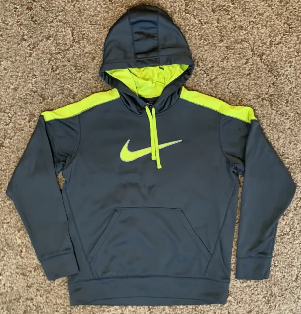 Nike Hoodie Mens M Gray Neon Green Swoosh Therma Fit Hooded Pullover Sweatshirt