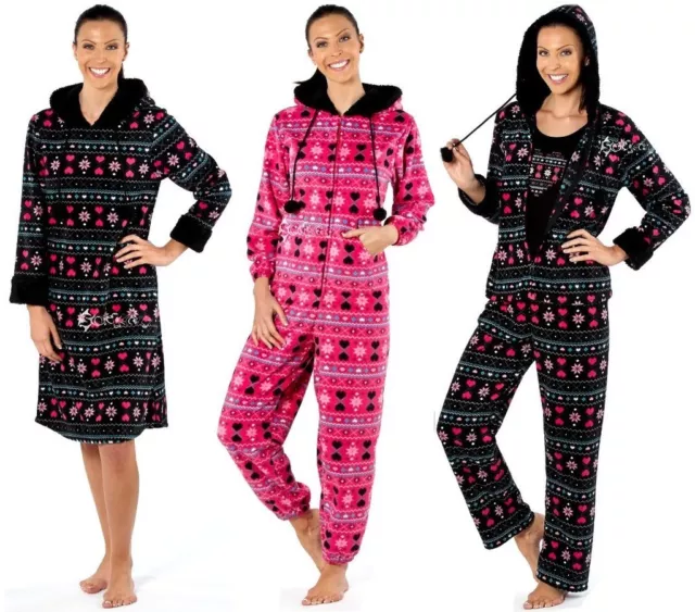 Ladies Ruby Fairisle Onezee, Loungers and Pyjamas with Sherpa Hood Onesee Girls