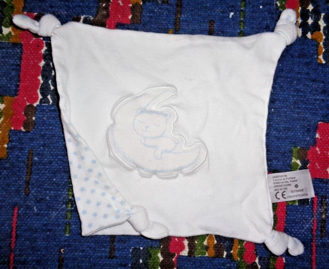 2Pa/ Doudou Plat Coton Carre Blanc Auchan Lune Etoile Bleu Tbe