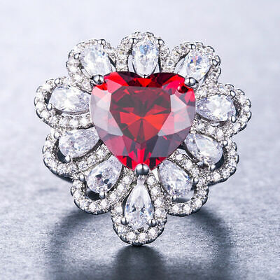 3Ct Heart & Pear Red Ruby Diamond Cocktail Lab-Created Ring 14K White Gold Over