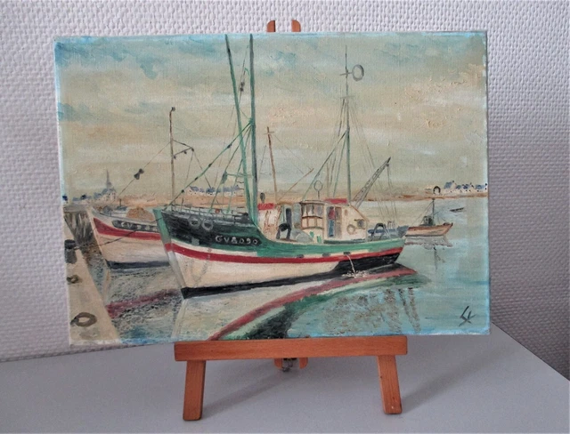 Tableau Peinture Huile- Marine - Port - Chalutiers -Mer