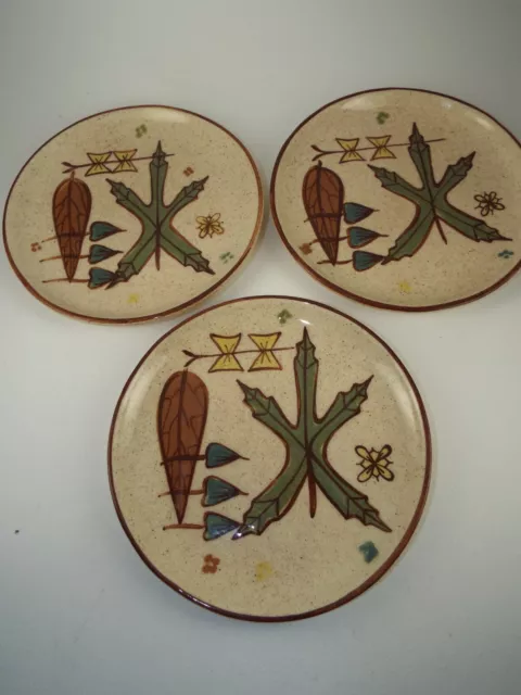 Vintage Stoneware Dessert Salad Plates Abstract Leaves Fall MidCentury MCM 6in