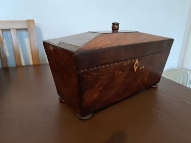 Victorian Mahogany Sarcophagus Shape Tea Caddy With 2 Lidded Compartments.
