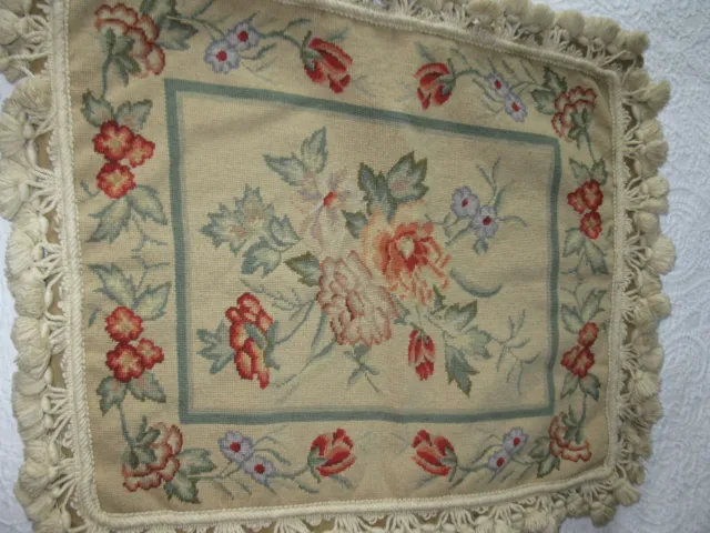 Vintage Flower/Floral Needlepoint Petit Point Throw Pillow Cover With Fringe