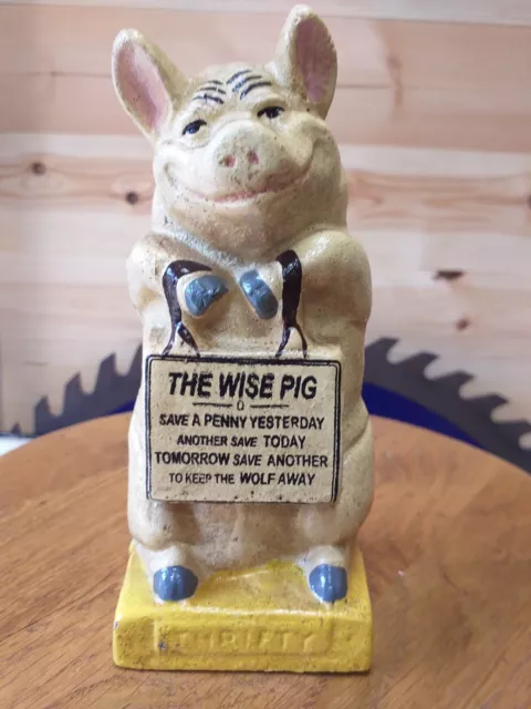 Piggy Bank The Wise Pig Cast Iron Novelty Money Box 6 Inches Tall