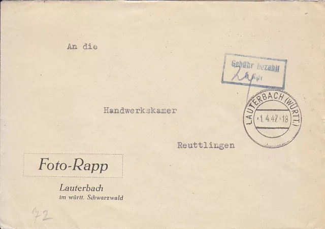 F.Zone - LAUTERBACH  (WÜRTT.)  - Gebühr bezahlt - Brief - 1947