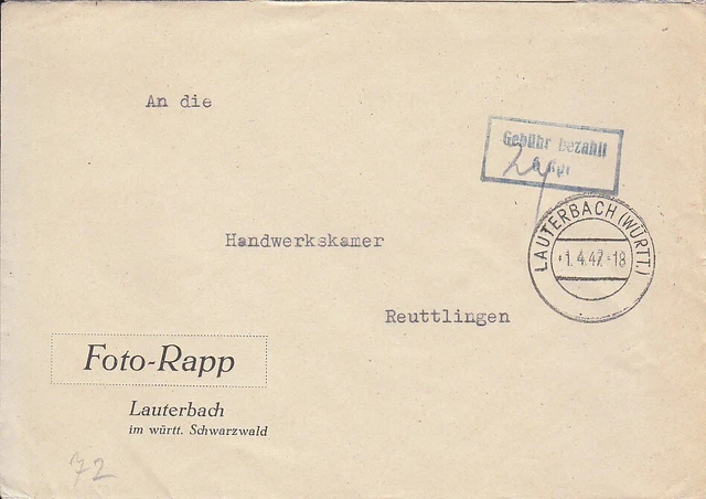 F.Zone - LAUTERBACH  (WÜRTT.)  - Gebühr bezahlt - Brief - 1947