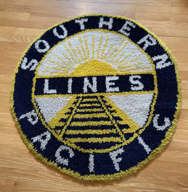 1930s TRAIN Track Southern Pacific LOCOMOTIVE HAND HOOKED RUG PRISTINE Rare