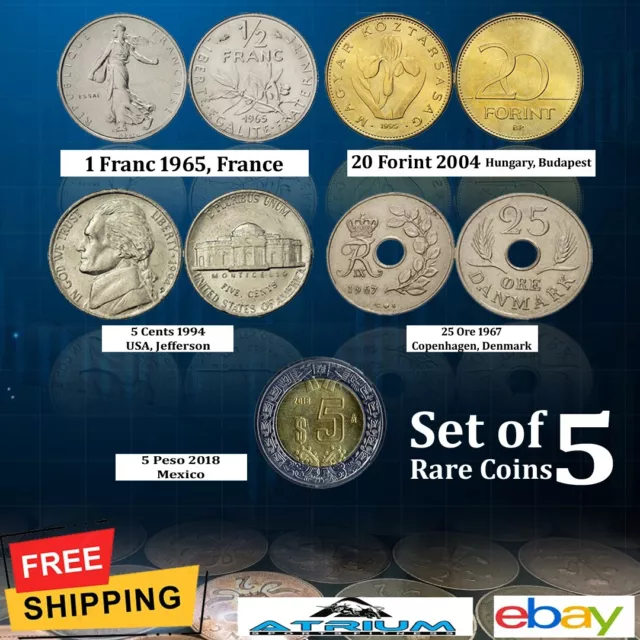 Set of 5 most rarest coins Forint, Franc, Peso, Cent, Ore for Rare coins lover's