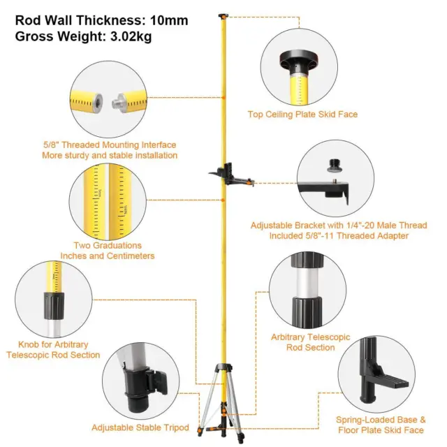 12 Ft/3.7m Adjustable Telescoping Pole for Rotary and Line Lasers level Huepar 2