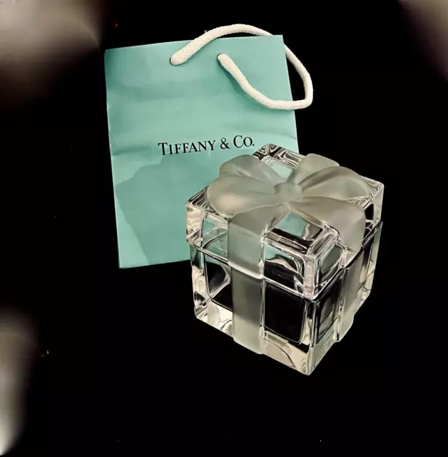 Tiffany0 & Co Lidded  Crystal Trinket/Gift  Box With Frosted Bow 3 Inches Square