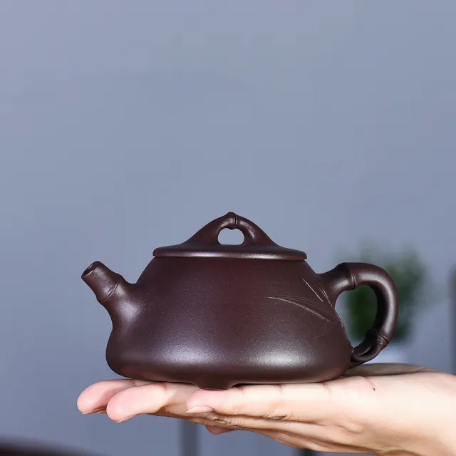 Full Handmade Tea Pot Bamboo Carved Marked Real Yixing Zisha Old Purple Clay Pot