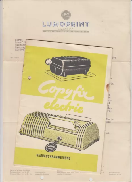 LUMOPRINT Copyfix electric Zindler Hamburg 1956 Kopierer Drucker Anweisung Büro