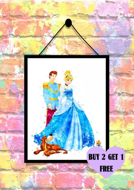 BUY 2 GET 1 FREE Disney Cinerella Prince Friends Watercolour Print  Poster A4