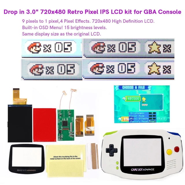 Retro Pixel IPS LCD Kit V5 (3.0) For GBA – 720x480 Desaturation Drop-In Screen + Shell, Multicolor